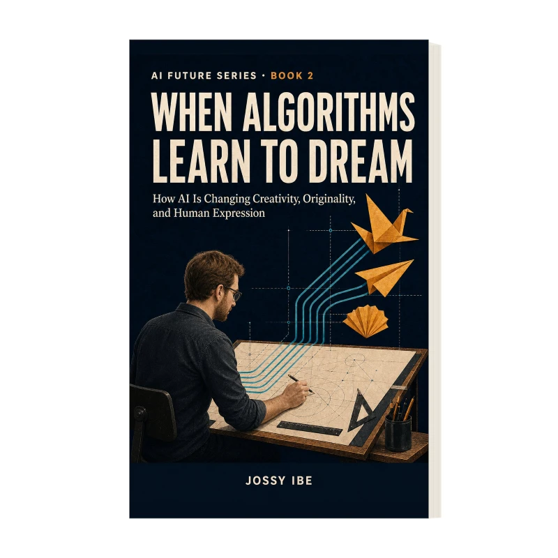 AI Future Series · Book 2 — When Algorithms Learn to Dream standing book mockup on white background